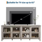 Meuble TV pour 65 pouces, meuble de divertissement élégant avec armoire de rangement et 4 portes coulissantes en verre, console TV moderne pour salon, chambre à coucher