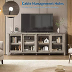 Meuble TV pour 65 pouces, meuble de divertissement élégant avec armoire de rangement et 4 portes coulissantes en verre, console TV moderne pour salon, chambre à coucher
