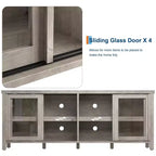 Meuble TV pour 65 pouces, meuble de divertissement élégant avec armoire de rangement et 4 portes coulissantes en verre, console TV moderne pour salon, chambre à coucher