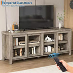 Meuble TV pour 65 pouces, meuble de divertissement élégant avec armoire de rangement et 4 portes coulissantes en verre, console TV moderne pour salon, chambre à coucher