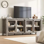 Meuble TV pour 65 pouces, meuble de divertissement élégant avec armoire de rangement et 4 portes coulissantes en verre, console TV moderne pour salon, chambre à coucher
