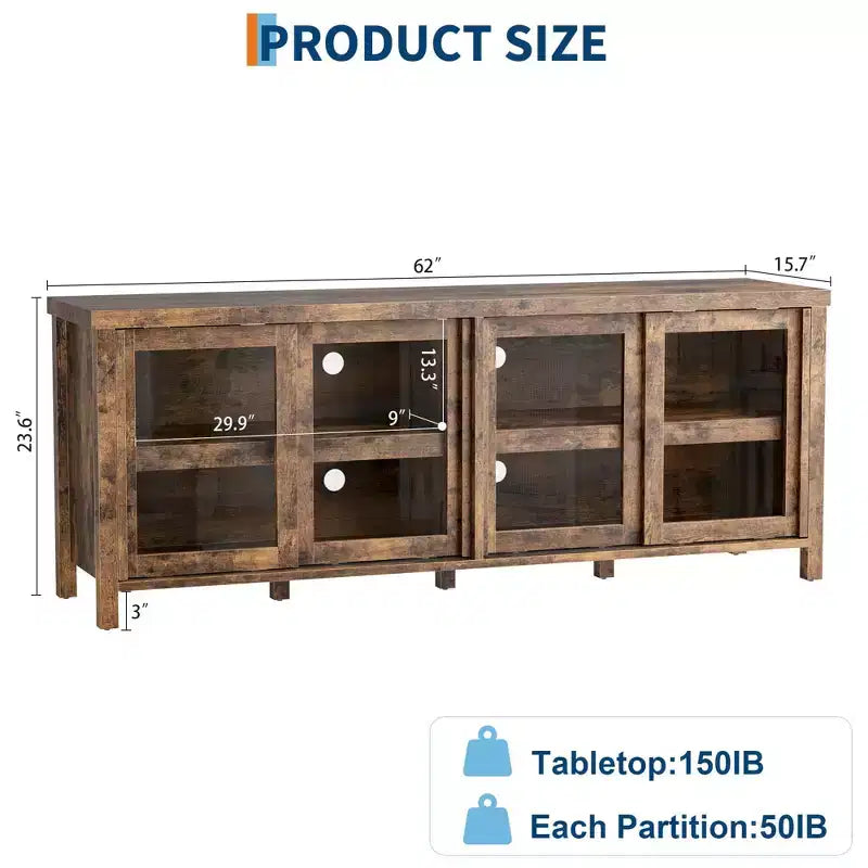 Meuble TV pour 65 pouces, meuble de divertissement élégant avec armoire de rangement et 4 portes coulissantes en verre, console TV moderne pour salon, chambre à coucher