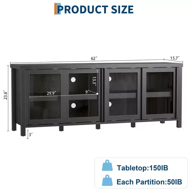 Meuble TV pour 65 pouces, meuble de divertissement élégant avec armoire de rangement et 4 portes coulissantes en verre, console TV moderne pour salon, chambre à coucher