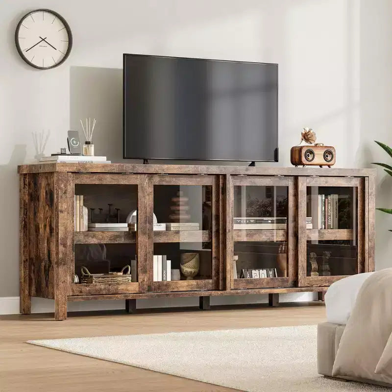 Meuble TV pour 65 pouces, meuble de divertissement élégant avec armoire de rangement et 4 portes coulissantes en verre, console TV moderne pour salon, chambre à coucher