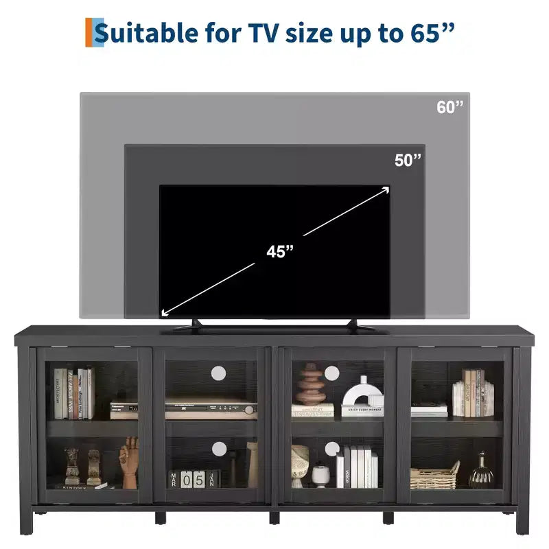Meuble TV pour 65 pouces, meuble de divertissement élégant avec armoire de rangement et 4 portes coulissantes en verre, console TV moderne pour salon, chambre à coucher