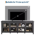 Meuble TV pour 65 pouces, meuble de divertissement élégant avec armoire de rangement et 4 portes coulissantes en verre, console TV moderne pour salon, chambre à coucher