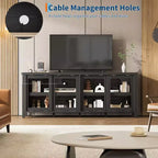 Meuble TV pour 65 pouces, meuble de divertissement élégant avec armoire de rangement et 4 portes coulissantes en verre, console TV moderne pour salon, chambre à coucher