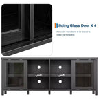 Meuble TV pour 65 pouces, meuble de divertissement élégant avec armoire de rangement et 4 portes coulissantes en verre, console TV moderne pour salon, chambre à coucher