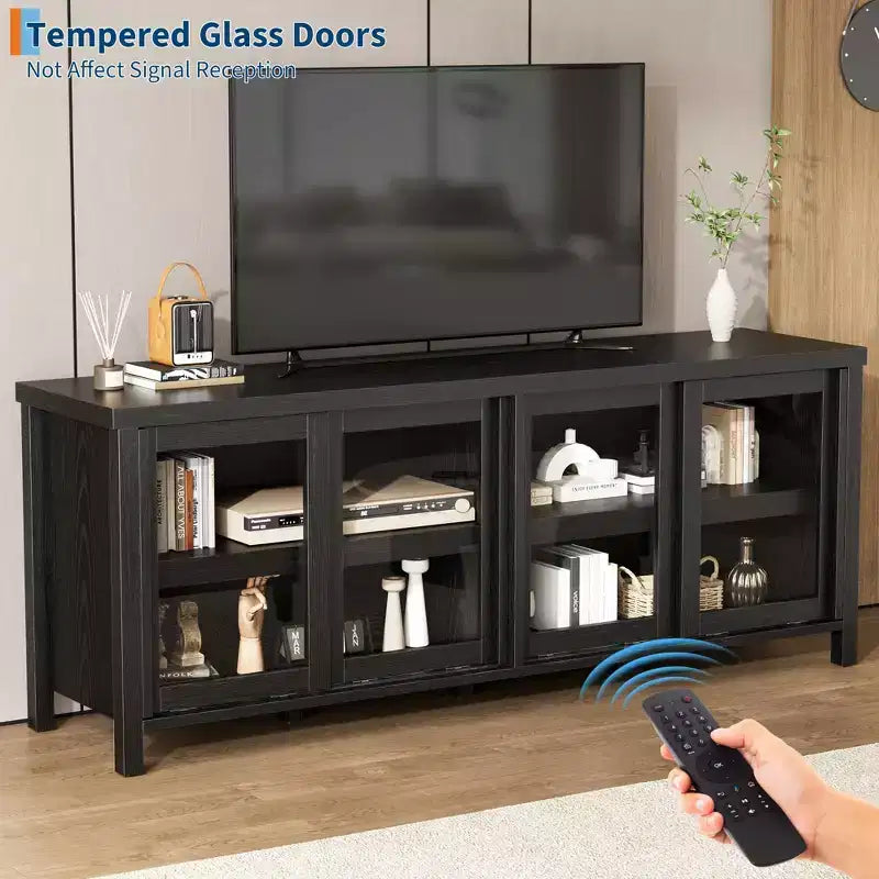 Meuble TV pour 65 pouces, meuble de divertissement élégant avec armoire de rangement et 4 portes coulissantes en verre, console TV moderne pour salon, chambre à coucher