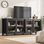 Meuble TV pour 65 pouces, meuble de divertissement élégant avec armoire de rangement et 4 portes coulissantes en verre, console TV moderne pour salon, chambre à coucher