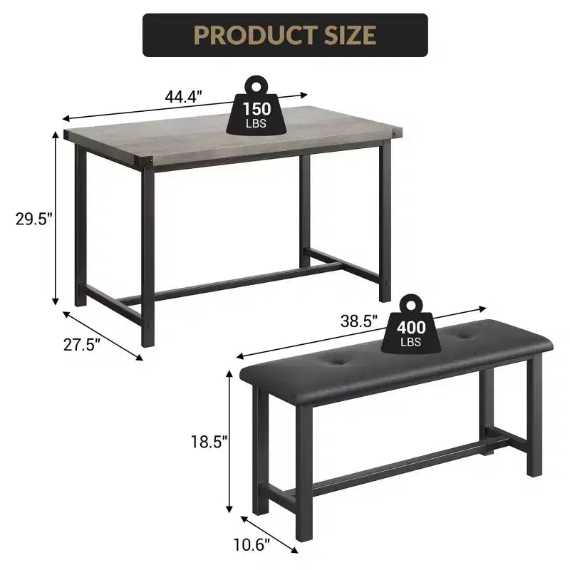 Ensemble de salle à manger 3 pièces pour 4 personnes, table de cuisine de 112 cm avec 2 bancs, ensemble de table de cuisine rectangulaire en bois, table de petit-déjeuner peu encombrante, noir