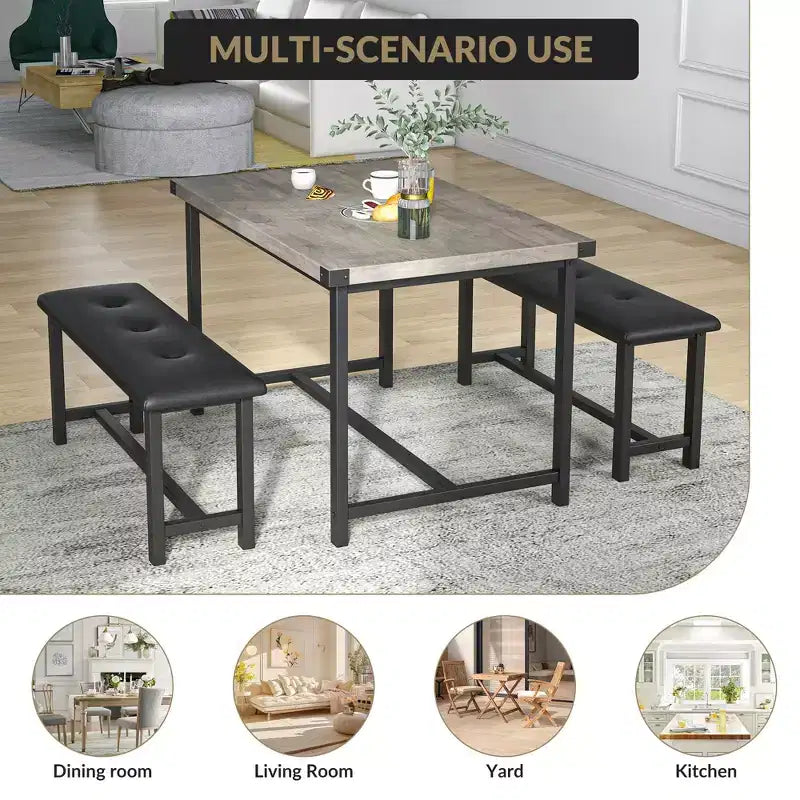 Ensemble de salle à manger 3 pièces pour 4 personnes, table de cuisine de 112 cm avec 2 bancs, ensemble de table de cuisine rectangulaire en bois, table de petit-déjeuner peu encombrante, noir