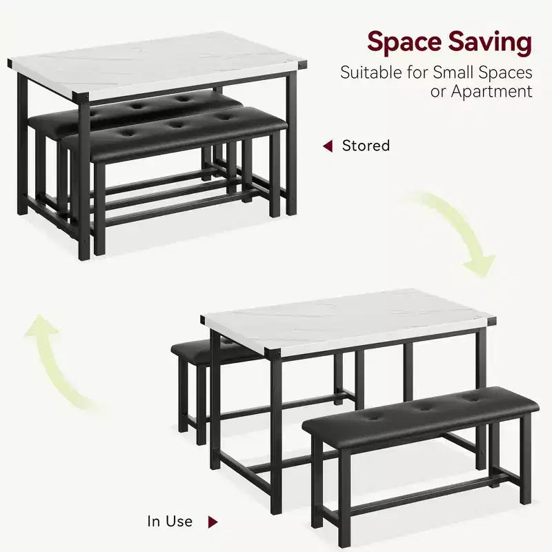 Ensemble de salle à manger 3 pièces pour 4 personnes, table de cuisine de 112 cm avec 2 bancs, ensemble de table de cuisine rectangulaire en bois, table de petit-déjeuner peu encombrante, noir