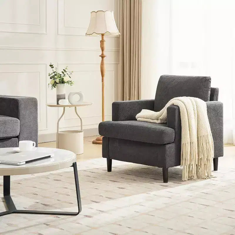 Fauteuil d'appoint moderne surdimensionné, fauteuil rembourré en lin avec coussin épais, fauteuil confortable de style Mid-Century pour salon ou chambre à coucher, gris