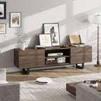 Meuble TV industriel pour téléviseur de 75 pouces, centre de divertissement naturel avec 2 tiroirs et pieds de support robustes, meuble TV en bois