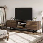Meuble TV industriel pour téléviseur de 75 pouces, centre de divertissement naturel avec 2 tiroirs et pieds de support robustes, meuble TV en bois
