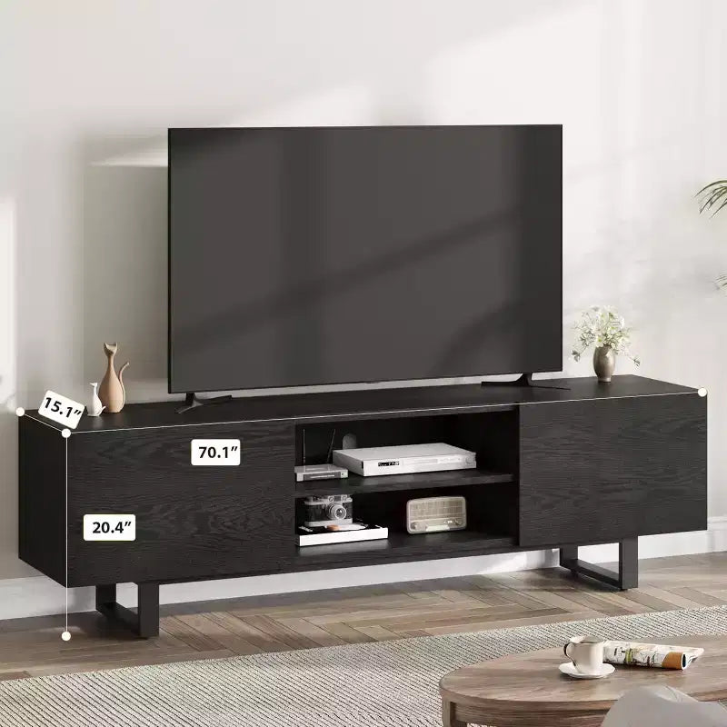 Meuble TV industriel pour téléviseur de 75 pouces, centre de divertissement naturel avec 2 tiroirs et pieds de support robustes, meuble TV en bois