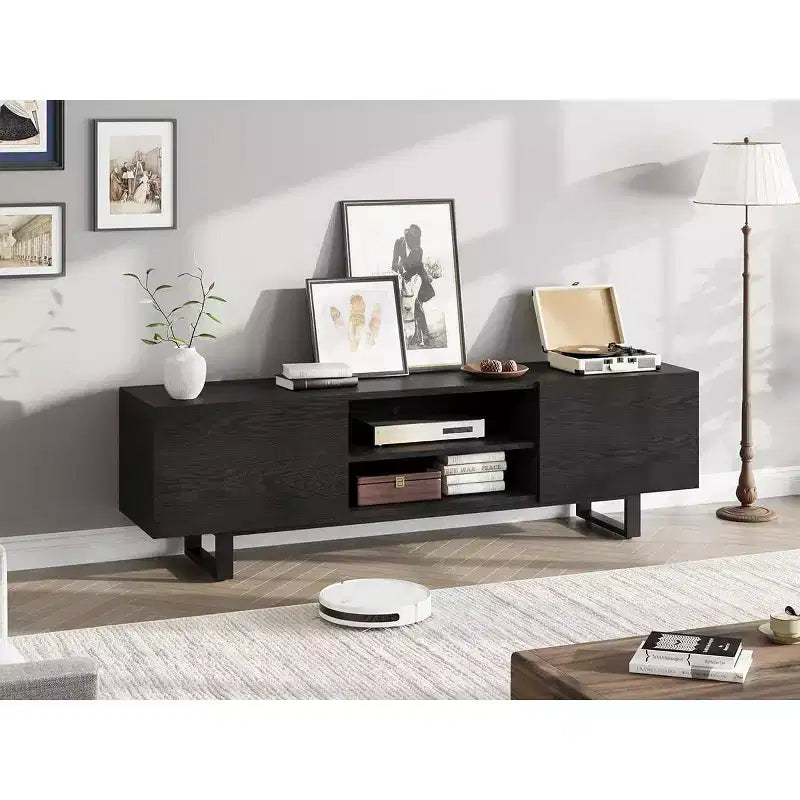 Meuble TV industriel pour téléviseur de 75 pouces, centre de divertissement naturel avec 2 tiroirs et pieds de support robustes, meuble TV en bois