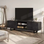 Meuble TV industriel pour téléviseur de 75 pouces, centre de divertissement naturel avec 2 tiroirs et pieds de support robustes, meuble TV en bois