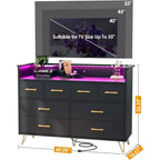 Commode à 8 tiroirs Meuble TV avec station de charge - Meuble de rangement noir pour chambre à coucher et salon