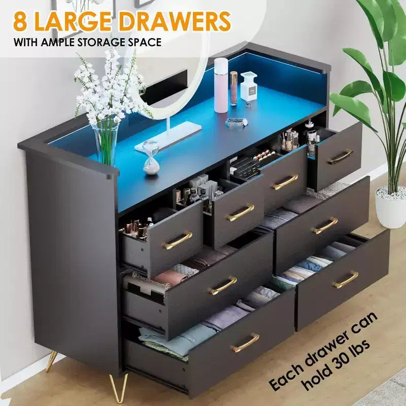 Commode à 8 tiroirs Meuble TV avec station de charge - Meuble de rangement noir pour chambre à coucher et salon