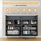 Commode à 8 tiroirs Meuble TV avec station de charge - Meuble de rangement noir pour chambre à coucher et salon