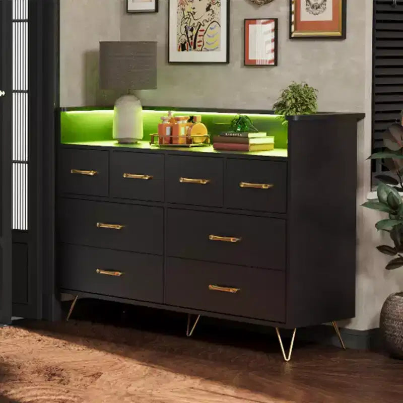 Commode à 8 tiroirs Meuble TV avec station de charge - Meuble de rangement noir pour chambre à coucher et salon