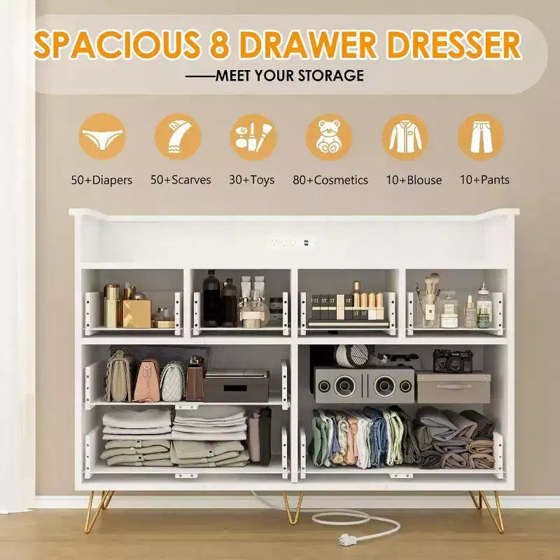 Commode à 8 tiroirs Meuble TV avec station de charge - Meuble de rangement noir pour chambre à coucher et salon
