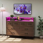 Commode à 8 tiroirs Meuble TV avec station de charge - Meuble de rangement noir pour chambre à coucher et salon