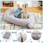 Lit pour chien humain, 180 x 114 x 30 cm, grand lit pour chien avec couverture, poches de rangement, poignée portable, housse amovible, lit pour animal de compagnie taille humaine pour adulte