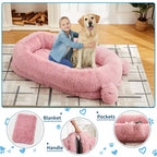 Lit pour chien humain, 180 x 114 x 30 cm, grand lit pour chien avec couverture, poches de rangement, poignée portable, housse amovible, lit pour animal de compagnie taille humaine pour adulte