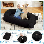 Lit pour chien humain, 180 x 114 x 30 cm, grand lit pour chien avec couverture, poches de rangement, poignée portable, housse amovible, lit pour animal de compagnie taille humaine pour adulte