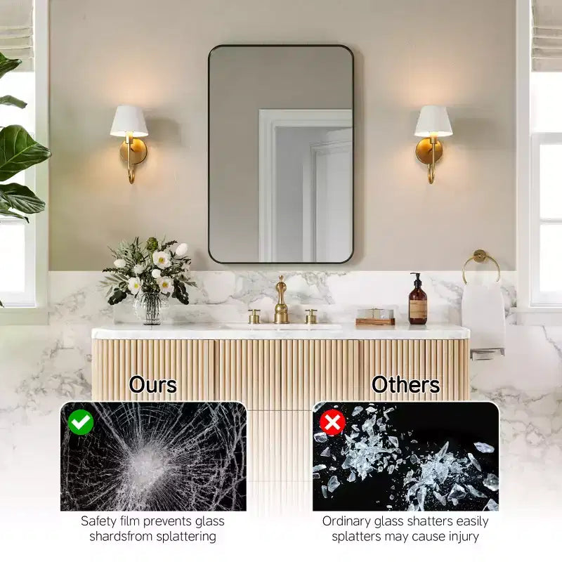 Miroir de salle de bain mat, miroir de courtoisie rectangulaire arrondi pour au-dessus de l'évier, miroir mural, verre trempé HD et cadre en aluminium antirouille