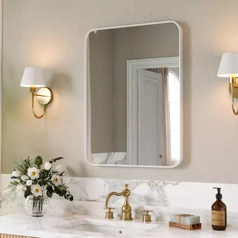 Miroir de salle de bain mat, miroir de courtoisie rectangulaire arrondi pour au-dessus de l'évier, miroir mural, verre trempé HD et cadre en aluminium antirouille