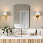 Miroir de salle de bain mat, miroir de courtoisie rectangulaire arrondi pour au-dessus de l'évier, miroir mural, verre trempé HD et cadre en aluminium antirouille