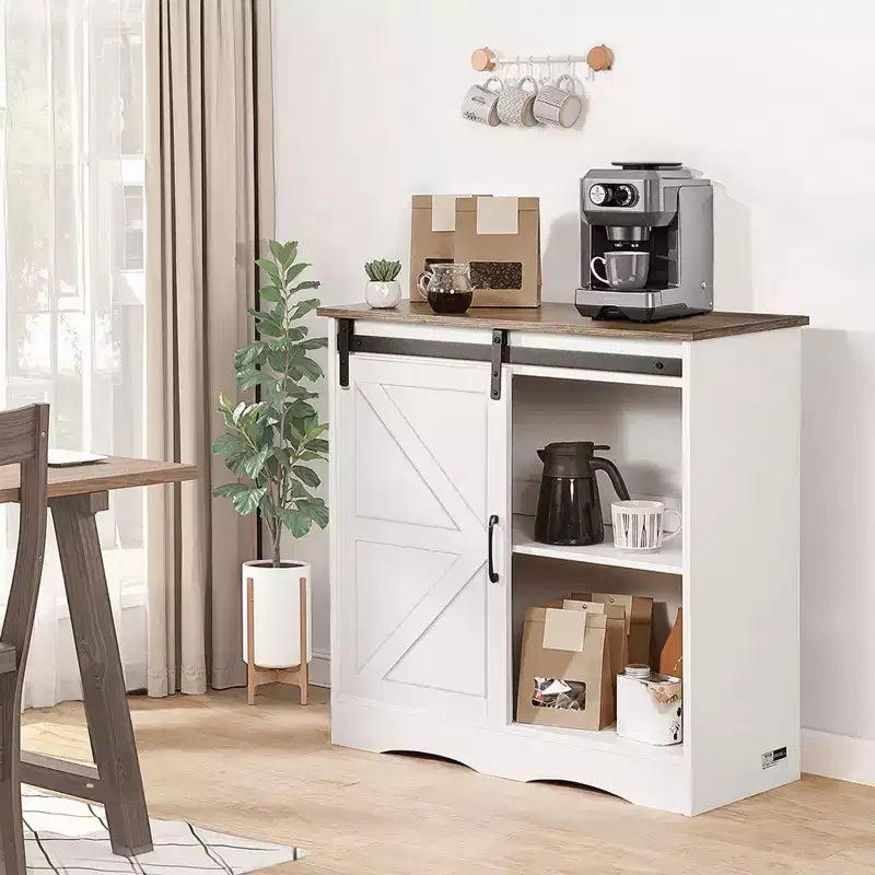 Meuble de bar à café, meuble de bar à café de ferme de 80 x 35 x 80 cm avec rangement à 3 niveaux, table de bar à café avec porte de grange, blanc