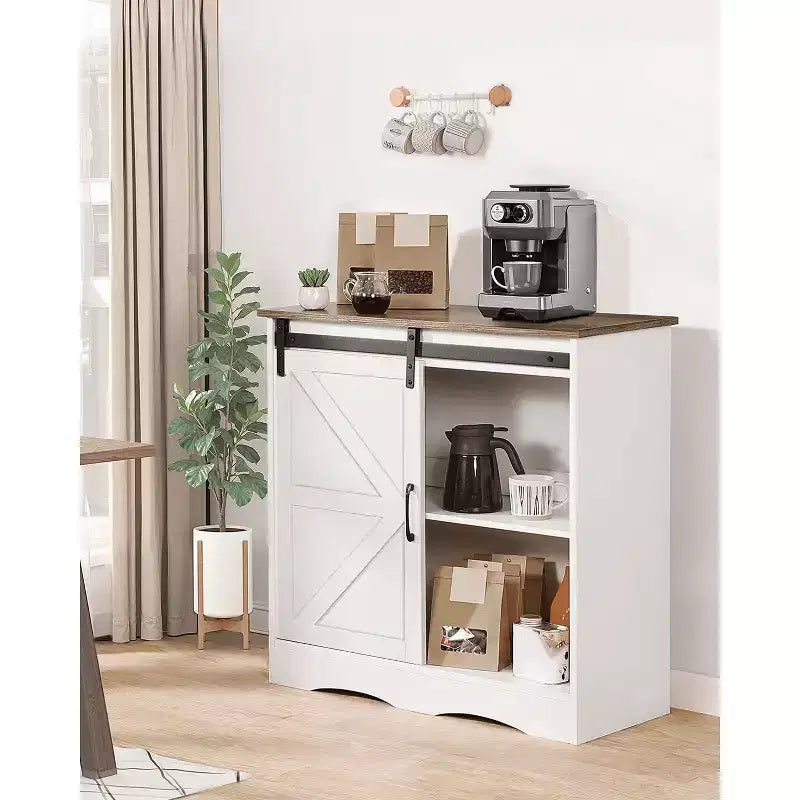 Meuble de bar à café, meuble de bar à café de ferme de 80 x 35 x 80 cm avec rangement à 3 niveaux, table de bar à café avec porte de grange, blanc