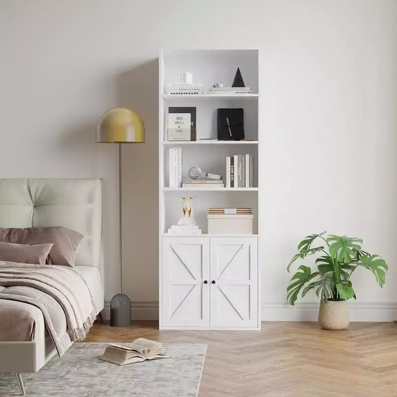 Bibliothèque en bois de ferme à 6 étagères de 181 cm avec portes, meuble de rangement industriel pour chambre à coucher, salon et bureau