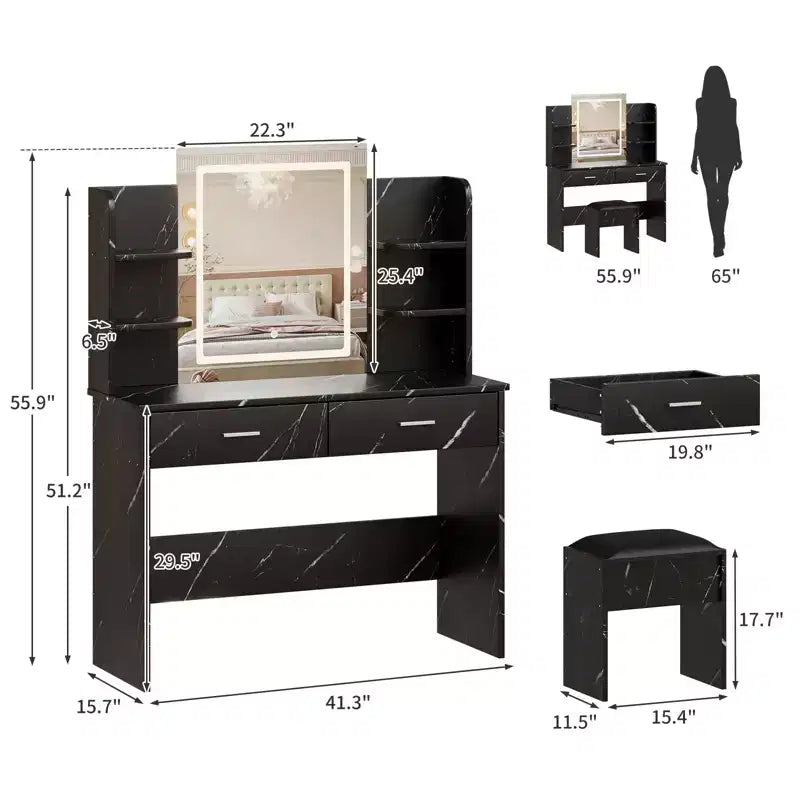 Coiffeuse avec Lumières Miroir LED à Trois Modes et Station de Chargement Coiffeuse de Maquillage avec 6 Étagères, 2 Tiroirs et Tabouret Rembourré Doux