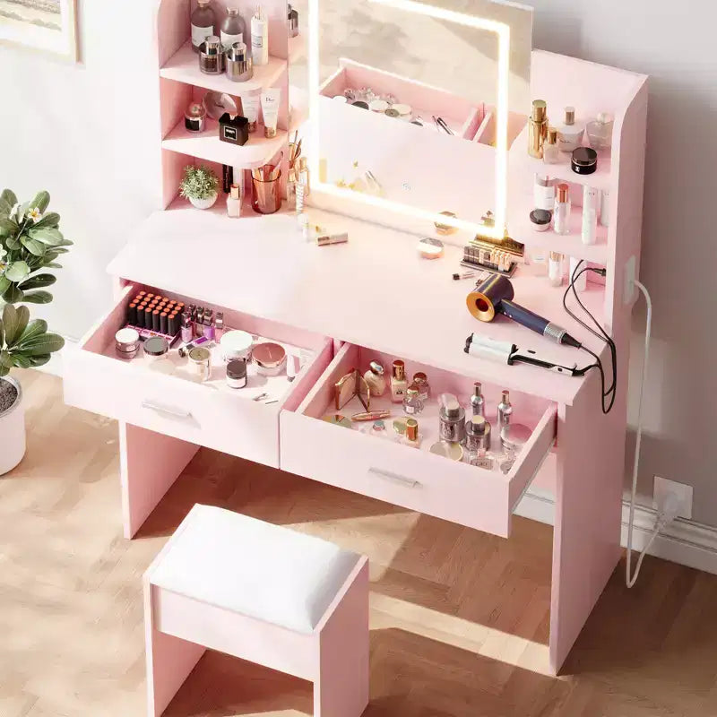 Coiffeuse avec Lumières Miroir LED à Trois Modes et Station de Chargement Coiffeuse de Maquillage avec 6 Étagères, 2 Tiroirs et Tabouret Rembourré Doux
