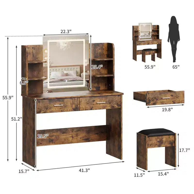 Coiffeuse avec Lumières Miroir LED à Trois Modes et Station de Chargement Coiffeuse de Maquillage avec 6 Étagères, 2 Tiroirs et Tabouret Rembourré Doux