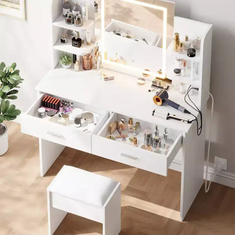 Coiffeuse avec Lumières Miroir LED à Trois Modes et Station de Chargement Coiffeuse de Maquillage avec 6 Étagères, 2 Tiroirs et Tabouret Rembourré Doux