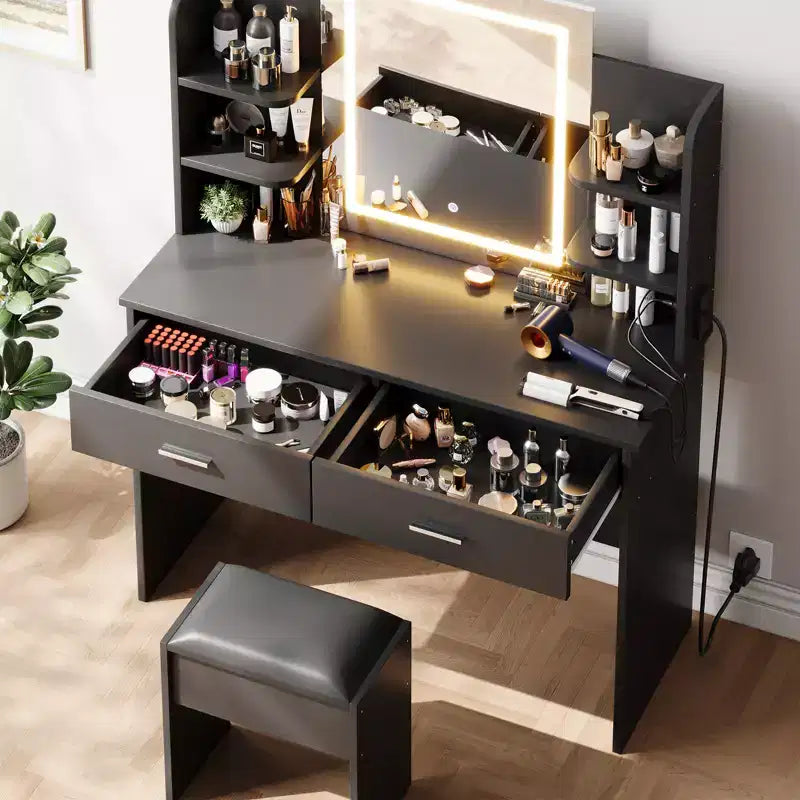 Coiffeuse avec Lumières Miroir LED à Trois Modes et Station de Chargement Coiffeuse de Maquillage avec 6 Étagères, 2 Tiroirs et Tabouret Rembourré Doux