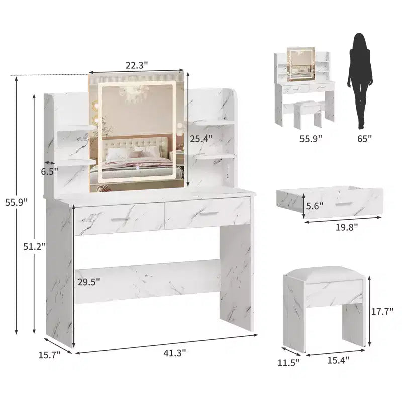 Coiffeuse avec Lumières Miroir LED à Trois Modes et Station de Chargement Coiffeuse de Maquillage avec 6 Étagères, 2 Tiroirs et Tabouret Rembourré Doux