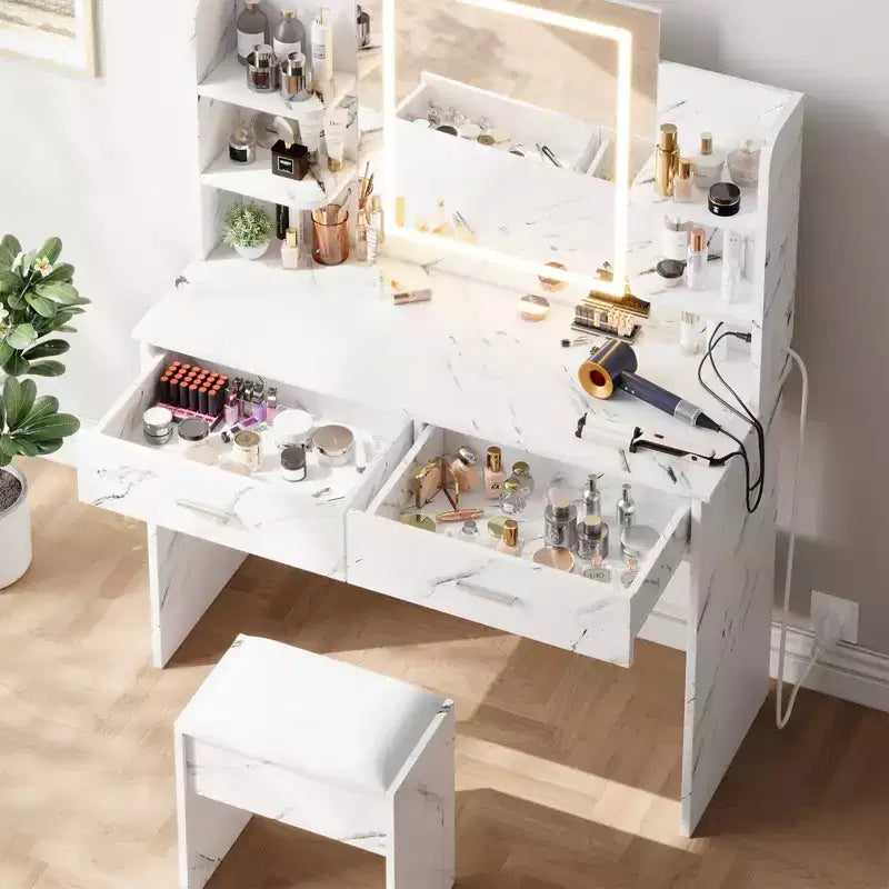 Coiffeuse avec Lumières Miroir LED à Trois Modes et Station de Chargement Coiffeuse de Maquillage avec 6 Étagères, 2 Tiroirs et Tabouret Rembourré Doux