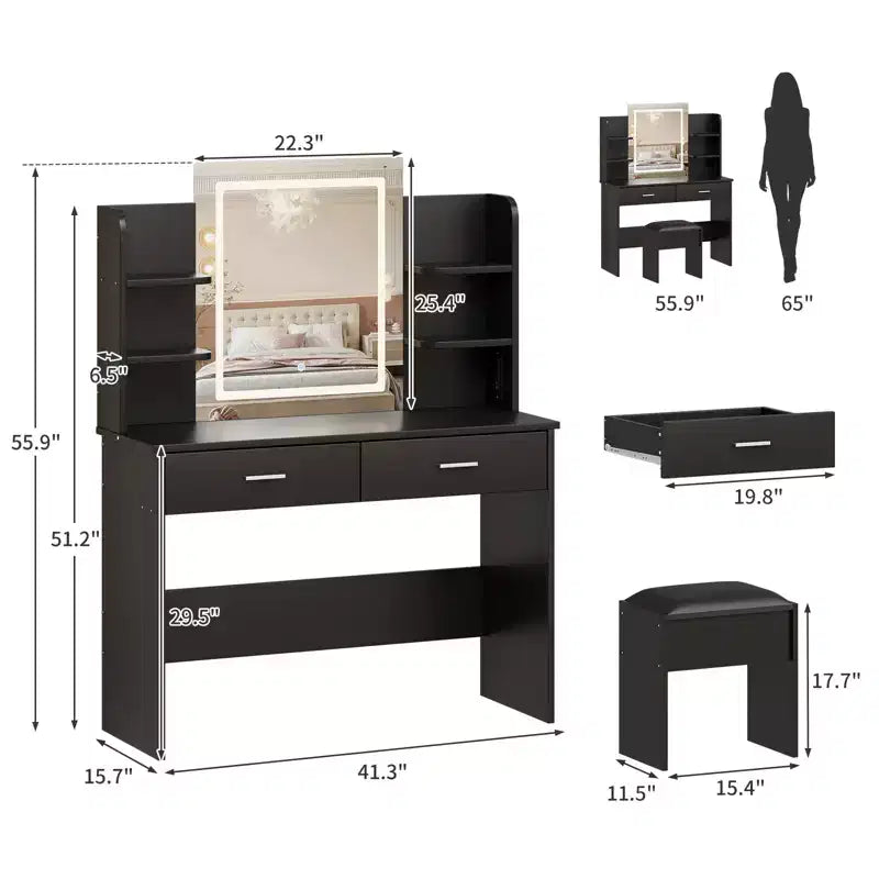 Coiffeuse avec Lumières Miroir LED à Trois Modes et Station de Chargement Coiffeuse de Maquillage avec 6 Étagères, 2 Tiroirs et Tabouret Rembourré Doux