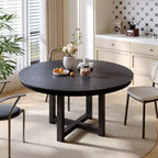Table à manger de ferme en bois massif 52 x 52 avec plateau rond texturé et piètement en X pour salles à manger modernes et réunions de famille Noir