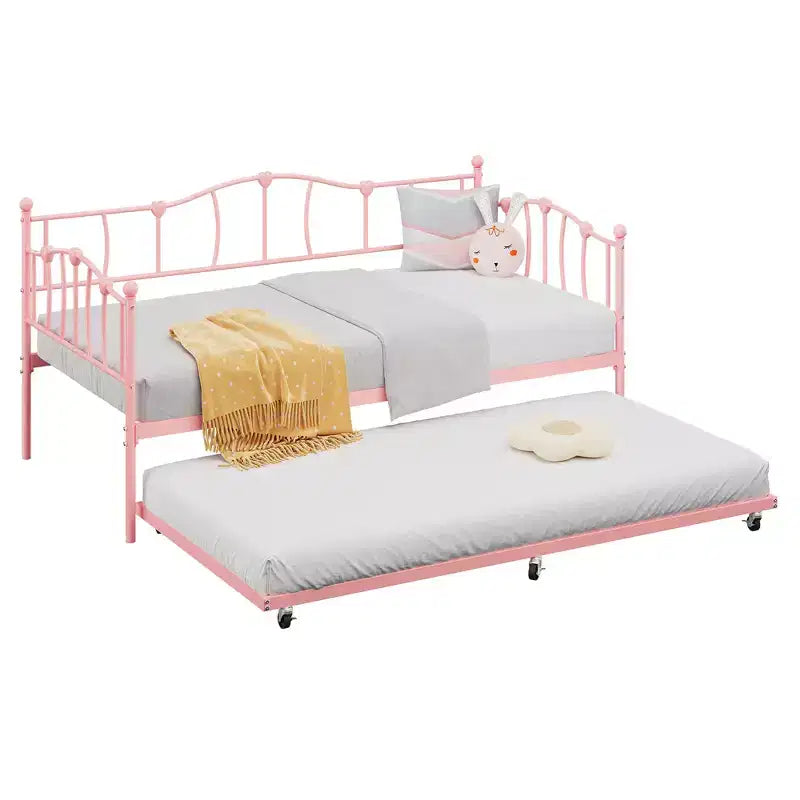 Lit de repos double en métal, lit de repos double avec lit gigogne extractible et tête de lit, cadre de canapé-lit en métal avec support à lattes en acier pour salon et chambre à coucher