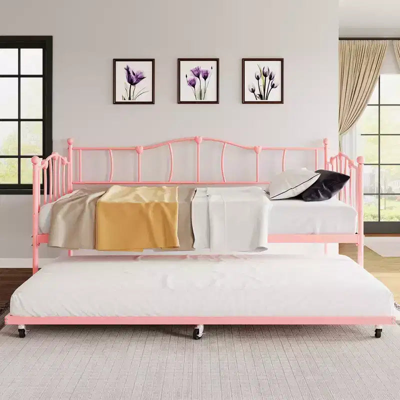 Lit de repos double en métal, lit de repos double avec lit gigogne extractible et tête de lit, cadre de canapé-lit en métal avec support à lattes en acier pour salon et chambre à coucher