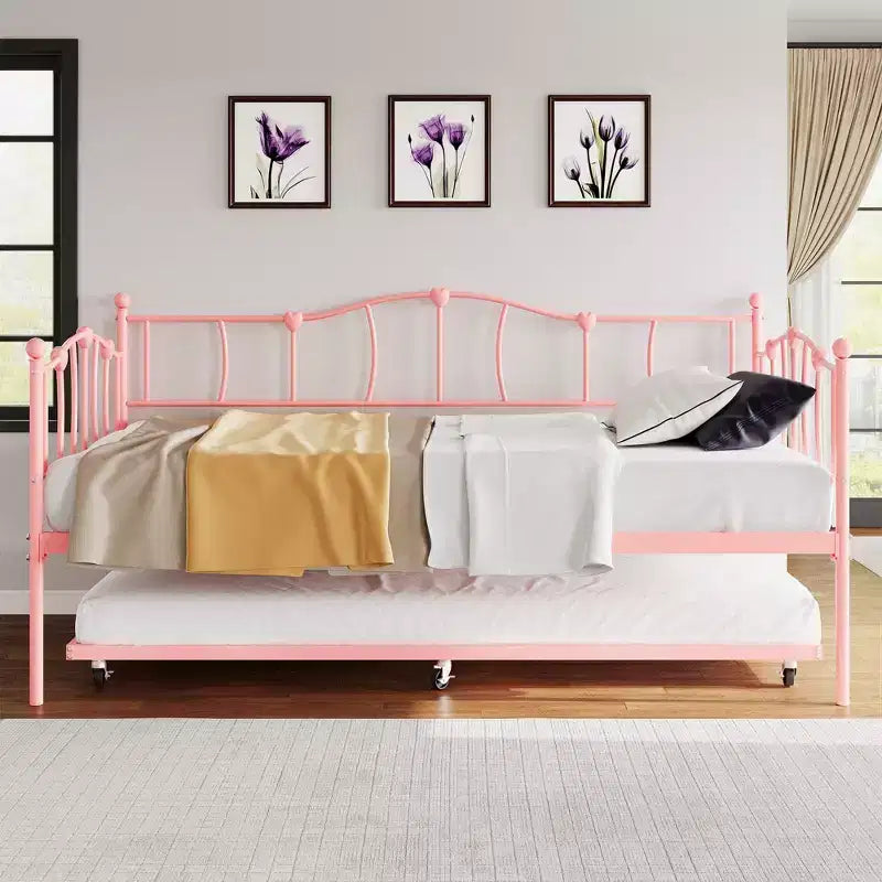 Lit de repos double en métal, lit de repos double avec lit gigogne extractible et tête de lit, cadre de canapé-lit en métal avec support à lattes en acier pour salon et chambre à coucher